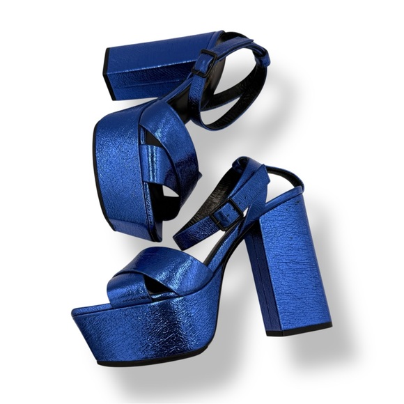 Saint Laurent Shoes - Saint Laurent Metallic Blue Platform Sandals (Size 37)